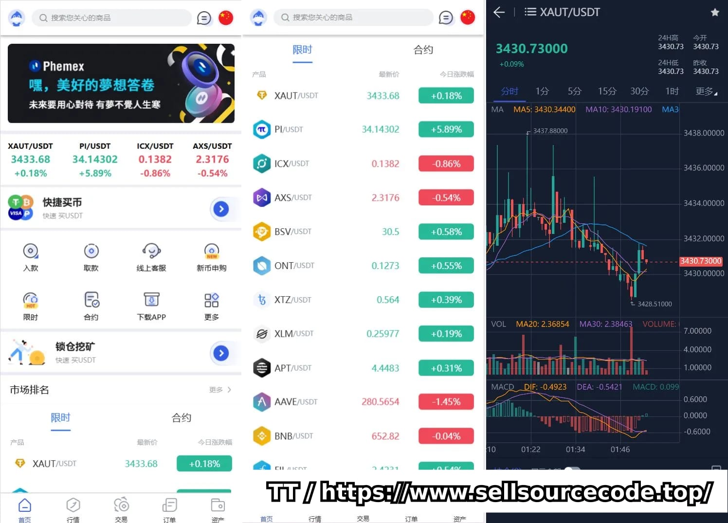 Phemex多语言交易所源码/期权交易+合约交易+新币申购+锁仓挖矿+平台币发行+K线行情控制/前端uniapp编译后+后端PHP